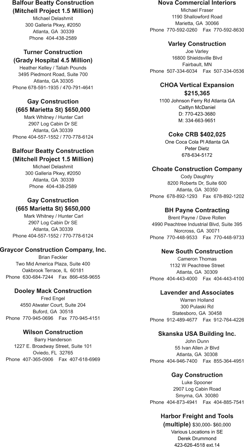 Balfour Beatty Construction (Mitchell Project 1.5 Million) Michael Delashmit 300 Galleria Pkwy, #2050  Atlanta, GA  30339 Phone  404-438-2589  Turner Construction  (Grady Hospital 4.5 Million) Heather Kelley / Taliah Pounds 3495 Piedmont Road, Suite 700  Atlanta, GA 30305 Phone 678-591-1935 / 470-791-4641  Gay Construction  (665 Marietta St) $650,000  Mark Whitney / Hunter Carl 2907 Log Cabin Dr SE Atlanta, GA 30339 Phone 404-557-1552 / 770-778-6124  Balfour Beatty Construction (Mitchell Project 1.5 Million) Michael Delashmit 300 Galleria Pkwy, #2050  Atlanta, GA  30339 Phone  404-438-2589  Gay Construction  (665 Marietta St) $650,000  Mark Whitney / Hunter Carl 2907 Log Cabin Dr SE Atlanta, GA 30339 Phone 404-557-1552 / 770-778-6124  Graycor Construction Company, Inc. Brian Feckler Two Mid America Plaza, Suite 400 Oakbrook Terrace, IL  60181 Phone  630-684-7244    Fax  866-458-9655  Dooley Mack Construction Fred Engel 4550 Atwater Court, Suite 204 Buford, GA  30518 Phone  770-945-0696    Fax  770-945-4151  Wilson Construction Barry Handerson 1227 E. Broadway Street, Suite 101 Oviedo, FL  32765 Phone  407-365-0906    Fax  407-618-6969   Nova Commercial Interiors Michael Fraser 1190 Shallowford Road Marietta, GA  30066 Phone  770-592-0260    Fax  770-592-8630  Varley Construction Joe Varley 16800 Shieldsville Blvd Fairbault, MN  Phone  507-334-6034    Fax  507-334-0536  CHOA Vertical Expansion $215,365 1100 Johnson Ferry Rd Atlanta GA Caitlyn McDaniel  D: 770-423-3680 M: 334-663-9651  Coke CRB $402,025 One Coca Cola Pl Atlanta GA Peter Dietz 678-634-5172  Choate Construction Company Cody Daughtry 8200 Roberts Dr, Suite 600 Atlanta, GA  30350 Phone  678-892-1293    Fax  678-892-1202  BH Payne Contracting Brent Payne / Dave Rollen 4990 Peachtree Industrial Blvd, Suite 395 Norcross, GA  30071 Phone  770-448-9533    Fax  770-448-9733  New South Construction Cameron Thomas 1132 W Peachtree Street Atlanta, GA  30309 Phone  404-443-4000    Fax  404-443-4100  Lavender and Associates Warren Holland 300 Pulaski Rd Statesboro, GA  30458 Phone  912-489-4677    Fax  912-764-4226  Skanska USA Building Inc. John Dunn 55 Ivan Allen Jr Blvd Atlanta, GA  30308 Phone  404-946-7400    Fax  855-364-4951  Gay Construction Luke Spooner 2907 Log Cabin Road Smyrna, GA  30080 Phone  404-873-4941    Fax  404-885-7541  Harbor Freight and Tools (multiple) $30,000- $60,000 Various Locations in SE Derek Drummond 423-626-4518 ext.14
